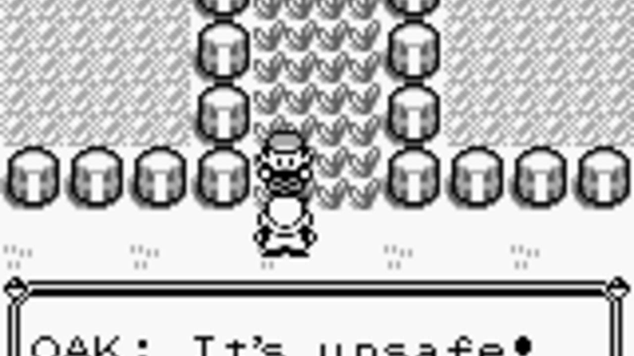 A Game Boy battle scene displays a player character sprite centered at the bottom in battle stance, facing nine white rounded block-shaped enemy sprites arranged in three rows above—four on the left, two stacked in the center, and four on the right. The background shows a gray crosshatch pattern with a central area of small repeating leaf or grass textures. Below the main play area, a text box with ornamental corner brackets begins to display partially visible dialogue starting with "OAK: T++''s uppeaffe!". Small dot patterns appear scattered across the lower field area.