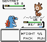 A Game Boy Color battle screen displays a Sentret sprite in the upper left, with a brown Teddiursa facing it in the upper right. The lower half shows a menu interface with options including "FIGHT", "PKM", and "PACK", along with numerical values "21" and "5" displayed. The art style uses the characteristic low-resolution pixel graphics and limited color palette of Game Boy Color games, with a light background and black text elements forming the UI layout.