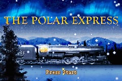The title screen features "THE POLAR EXPRESS" in large golden letters centered at the top. Below the title, a blue steam locomotive with illuminated headlight travels across a snowy landscape with mountains in the background, rendered in a stylized winter scene with falling snow and evergreen trees. A "Press Start" prompt appears at the bottom center of the screen. The background uses a dark blue nighttime color palette with white snow particles, creating a holiday atmosphere typical of Game Boy Advance sprite-based graphics.