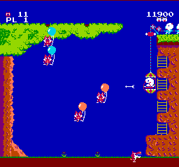 A side-scrolling gameplay scene displays a blue water background with a brown cliff wall on the left and a brown building structure on the right. A player character in a yellow hat stands on a platform mid-screen. Five balloon-like enemies with red bodies and orange accents float in formation across the water. The HUD shows score 11900 in the upper left corner, with a lives counter and what appears to be a weapon indicator. The pixel art uses a 8-bit NES resolution with distinct red, blue, yellow, and brown color blocks.