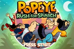 The title screen displays the large yellow 'POPEYE' logo at the top with 'RUSH FOR SPINACH' subtitle beneath it. Below the title, four cartoon characters appear in a row: Popeye in his sailor outfit on the left, Olive Oyl in the center-left with dark hair, Bluto/Brutus in the center-right, and a figure on the right. The background shows a nighttime scene with a crescent moon, stars, and grassy ground. At the bottom of the screen, a 'PRESS START' instruction prompt is visible. The art style uses bright primary colors typical of Game Boy Advance sprite graphics.