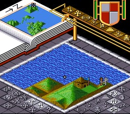 A split-screen gameplay view displays two isometric terrain maps separated by a central divider panel. The upper map shows a smaller island landscape with blue water, green terrain, and brown structures. The lower map presents a larger playing field with a prominent blue water body in the center, surrounded by green grass patches with trees and buildings on the edges. Gold decorative borders frame both maps, with a shield emblem visible at the top right. The interface uses a top-down isometric perspective with pixelated 16-bit graphics and a muted color palette typical of early 1990s console gaming. Numerical values and icons appear along the bottom edge of the screen.