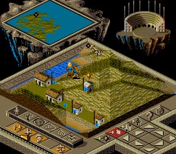 An isometric terrain view displays a grassy landscape with multiple human figures positioned across the map, several small structures or buildings scattered throughout, and a blue water area in the upper left. The left side shows a close-up view of the same terrain section with higher detail. At the top right, a separate interface panel shows a domed building structure. The bottom of the screen contains a resource or command bar with yellow and red indicator sections, typical of real-time strategy gameplay mechanics. The graphics use 16-bit pixel art with a muted color palette of greens, blues, and earth tones.