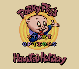A cartoon pig character wearing blue overalls and a yellow hat stands in the center of the screen against a tan background, holding a banana in one hand. Purple pixelated text reading "Porky Pig's" arcs above the character's head, while "Start Options" appears below in smaller purple lettering. At the bottom, purple text reads "Haunted Holiday" in a spooky font style. The art style uses bright, flat colors typical of SNES-era graphics with thick outlines around the character sprite.