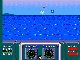A submarine-view perspective shows a pixelated blue ocean with scattered white dots representing bubbles or particles. The top portion displays a light blue sky with red and white enemy symbols. At the bottom, a control panel spans the width of the screen featuring two circular dials on the left, labeled text in the center-left, and a red rectangular indicator on the right labeled 'GAME'. The interface uses a dark green background with light cyan text and borders typical of early SMS-era graphics.
