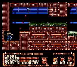 A blue-clad sprite character stands on the left side of a multi-level factory interior with brown brick walls and metal grating platforms. The HUD displays a health bar, score counter reading 000, and weapon/item icons in the lower-left corner. The level features horizontally stacked platforms with rotating machinery elements, small window openings, and metallic structural details rendered in orange and brown pixel art against a black background.