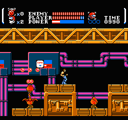 A side-scrolling platformer level displays a protagonist wielding a blade in the center of the screen, standing on a yellow wooden platform. Purple cylindrical pipes and structures fill the background and midground in a dark industrial setting. The HUD at the top shows enemy and power meter bars in blue, a health indicator, and time counter on the right. Additional yellow platforms and purple pipe segments frame the composition on both sides, with the sprite-based 8-bit graphics rendered in the NES color palette.
