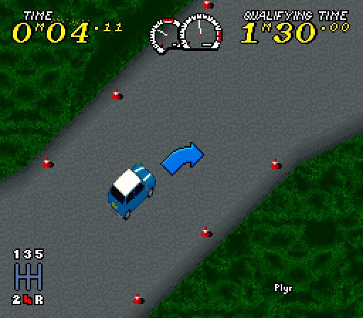 Two blue race cars drive on an asphalt road bordered by green grass, viewed from above in an isometric perspective. The leading car is white-roofed, while the following car is solid blue. Red checkpoint markers dot the roadside. The HUD displays elapsed time 0'04"12 in the upper left, a speedometer gauge in the upper center, and qualifying time 1'30"00 in the upper right. A gear indicator showing fourth gear and shift arrows appears in the lower left corner. The "Flyr" text is visible in the lower right. The pixel art uses a limited 16-bit color palette with smooth sprite rendering typical of early 1990s console racing games.