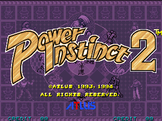 The title screen displays 'Power Instinct 2' in large golden-yellow text with drop shadows against a purple background filled with repeating tile patterns. Below the title, blue text reads 'ATLUS 1993, 1998' and 'ALL RIGHTS RESERVED.' At the bottom, cyan-colored copyright text appears on both the left and right sides. The overall color scheme consists of purples, golds, and blues with a 2D sprite-based arcade aesthetic typical of mid-1990s fighting games.