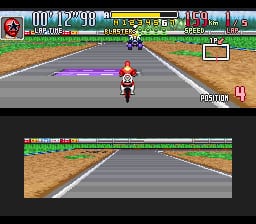 A red Power Rangers motorcycle racer positioned center-screen on a gray racing track with brown dirt shoulders, viewed from behind in a Mode 7-style perspective. The upper HUD displays colored bars and text including position indicator "4" in red on the lower right. A green minimap strip spans the bottom showing the track layout ahead. The track curves into the distance with purple and green terrain variations, low-resolution Mode 7 scaling effects creating the 3D road effect typical of SNES Mode 7 graphics.