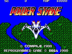 The title screen displays 'POWER STRIKE' in large red letters with a metallic outline at the center. A white spaceship with a pointed nose cone and angular wings is positioned directly below the title. The background features a bright blue upper half and green pixelated terrain forming curved hills along the bottom edge. A blue river or path winds through the green landscape. In the top-left corner, 'SC' appears, while 'TOP 10000' is shown in the top-right. Copyright text at the bottom reads '© COMPILE 1988' and 'REPROGRAMMED GAME © SEGA 1988' in white lettering.