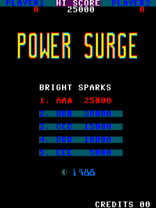 The title screen displays 'POWER SURGE' in large yellow pixelated letters centered on a black background. Above it reads 'HI SCORE 25000' and 'BRIGHT SPARKS' in smaller text. Below the title is a high score list showing five entries in cyan and blue text, with '1. AAA 25000' at the top followed by four blank or obscured rows. At the bottom, a copyright notice reads '© 1985' in white text, with 'CREDITS 00' displayed in the lower right corner.