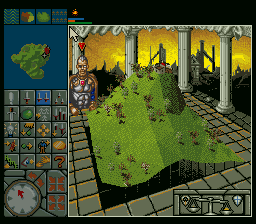 An isometric 3D view dominates the center showing a green landscape with black water channels, classical columns, and yellow-lit archways in the background. The left side displays a minimap in the upper corner and a grid of terrain and building tiles below it. A circular compass or radar sits in the lower left. The interface uses a dark background with tan borders and icons. The art style features Mode 7-style isometric perspective with low-resolution sprite graphics typical of early 1990s SNES games.