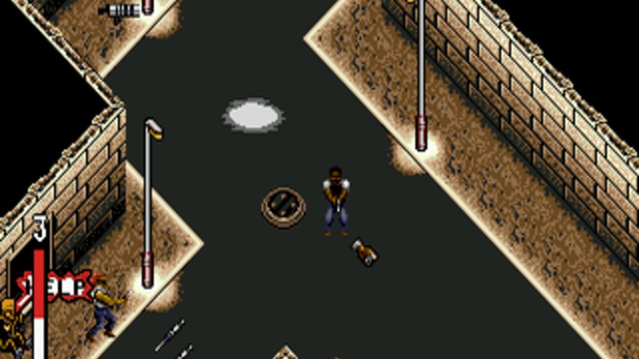An isometric top-down view shows a character in blue pants and brown shirt standing in a dark gray courtyard bounded by tan brick walls. A flag pole with a red and white banner stands to the left, while a vertical pipe extends down the right side. A small brown enemy figure appears below the player character, and a circular compass or radar indicator floats in the upper center. A white oval cloud shape appears in the dark sky above. The UI displays a red health bar and score information in the lower left corner.