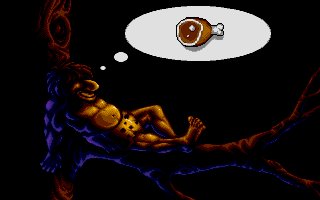 A pixelated brown caveman character lies horizontally across blue vine-like branches against a black background, with his body positioned in the lower-left area of the frame. A thought bubble in the upper-right shows a close-up of a brown mug or cup with a handle. The art uses a limited color palette of browns, blues, reds, and yellows typical of early 1990s DOS-era sprite graphics, with thick pixel outlines defining the character and environment.