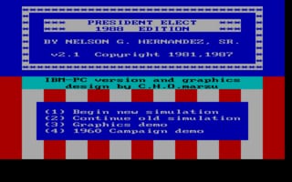 The title screen displays 'President Elect' with a 1988 Edition subtitle at the top in blue text on a dark background with a decorative border. Below sits a cyan-colored menu section containing blue text with several options: 'Begin new simulation', 'Continue old simulation', '1960 Campaign demo', and '1980 Campaign demo', each marked with numbers 1-4. The bottom portion shows a red and white checkerboard pattern. The overall design uses a limited color palette typical of early DOS-era computer graphics.