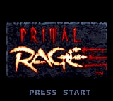 The title screen displays 'PRIMAL RAGE' in large red capital letters with a distressed texture effect against a dark background. Below the title, a flaming yellow and orange graphic element spans horizontally. At the bottom of the screen, white text reads 'PRESS START' in a standard arcade-style font. The overall color palette is dominated by blacks, reds, and warm tones, creating a dark, intense aesthetic typical of fighting game title screens from the early 1990s.