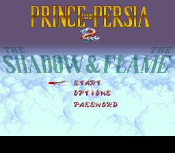 The title screen displays "PRINCE OF PERSIA" in gold lettering at the top, with a small sprite of the prince character positioned below it. Below that, "THE SHADOW & THE FLAME" appears in large cyan text against a light blue icy background. Three menu options are listed in red text: "START", "OPTIONS", and "PASSWORD". The overall color palette uses blues, golds, and reds typical of SNES-era graphics, with pixelated sprite and text rendering.