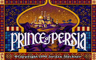 The title screen features a golden arch framing a palace silhouette against a blue night sky, with white serif lettering spelling "PRINCE OF PERSIA" prominently displayed below. A decorative border of red and gold squares frames the entire image, with alternating red and white striped columns flanking the central arch. A copyright notice reading "©Copyright 1990 Jordan Mechner" appears in white text at the bottom. The art uses a warm color palette of golds, blues, and reds typical of early DOS graphics.