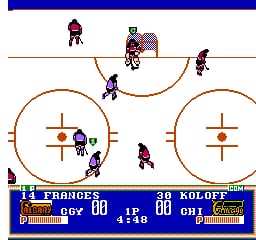 A hockey rink viewed from above displays two circular zones with crosshair markers at center ice. Multiple player sprites in red and blue uniforms are positioned across the ice at various locations. A brown curved line indicates the puck's trajectory path between the zones. The bottom of the screen shows a blue status bar with team names, scores reading 0-0, period indicator showing 1 P, and time display of 1:30. The NES-era pixel art uses a limited color palette with white ice, brown boards, and colored player sprites rendered in low resolution.