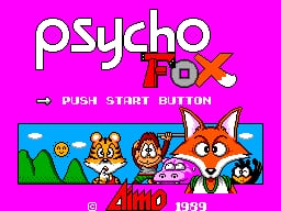 The title screen displays "psycho FOX" in large white and red pixelated text against a bright magenta background. Below the title, a "PUSH START BUTTON" prompt appears in white text. The lower half shows a row of colorful 8-bit sprites including a fox character with orange fur and white face, alongside several human characters and other creatures, set against a blue sky with green grass. All graphics use the flat, low-resolution style typical of early SMS games with a limited color palette.