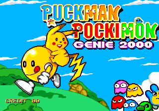 The title screen features large yellow Pikachu characters sitting on a grass hill against a bright blue sky with white clouds. The game title "PUCKMAN POCKIMON GENIE 2000" is displayed prominently in colorful letters across the center, with red, yellow, and green text. Below the main characters, a row of five small pixelated creatures in various colors stands on the ground. The bottom left corner shows "CREDIT 1/0" in yellow text. The overall art style uses pixel sprites and a flat color palette typical of early 2000s arcade games.