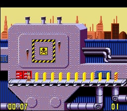 A puzzle level displays a purple-gray game board with a domino structure outlined in white dashes, surrounded by colorful building silhouettes in the background. A yellow bulldozer sits on a checkered platform below the main puzzle area. The bottom UI shows a score counter reading "00:00" on the left side. The scene uses a bright pixel art style with a tan-yellow sky, blue architectural elements, and red construction barriers framing the level layout.