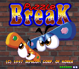 The title screen displays "PUZZLE BREAK" in large yellow and blue lettering against a brick wall background. Below the title, two cartoon characters with round bodies and large eyes face each other—one orange on the left holding a blue hammer, one blue on the right holding an orange hammer. Both characters have simple dot eyes and curved mouths. A copyright notice for Semicom Corp. of Korea from 1997 appears in the lower right corner. The overall color palette uses bright primary colors with a pixelated arcade art style typical of 1990s arcade games.