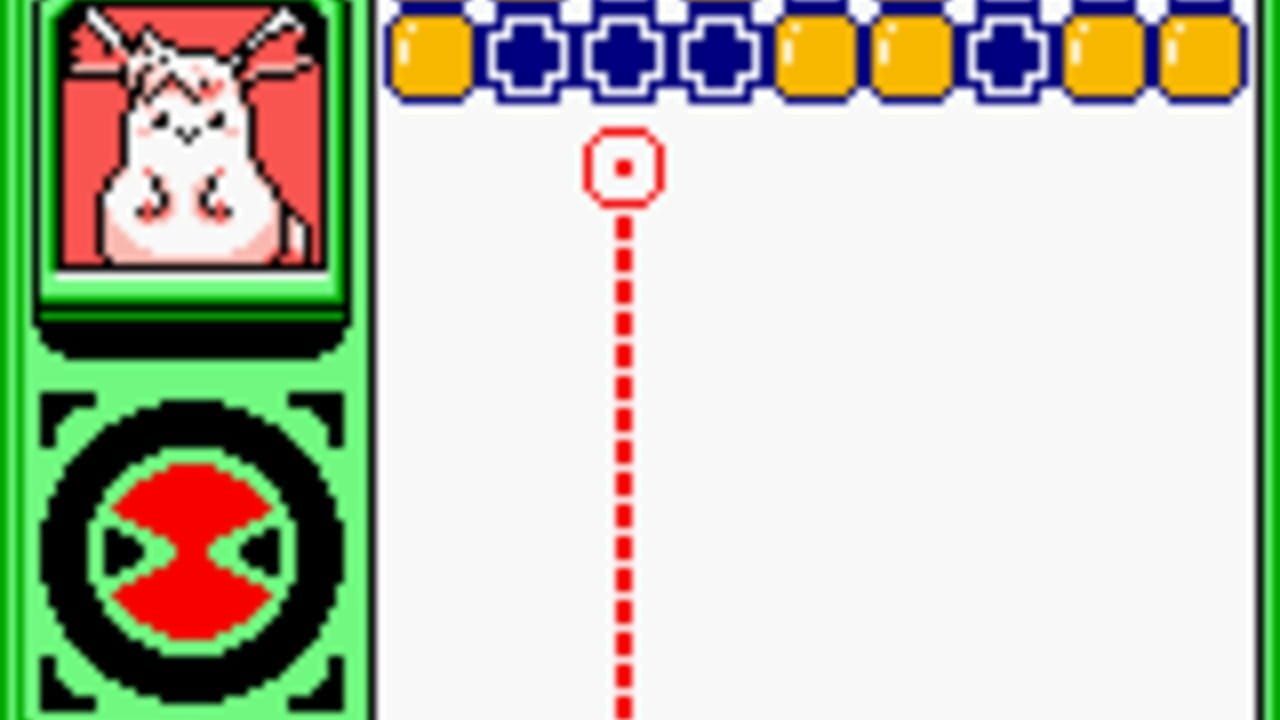 A green-framed device interface displays a white play area with a vertical red dashed line extending downward from a red octagonal cursor at the top center. A horizontal status bar at the top shows yellow and dark blue tile squares. On the left side, a white cat-like creature with red accents is shown in a red portrait frame, with a red circular icon containing a green X below it. The overall presentation uses simple 8-bit pixel graphics on a light background.