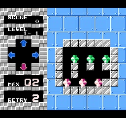 A puzzle game level displays a gray brick wall on the left with UI panels showing SCORE 0, LEVEL 1, HEX 02, and RETRY 2. The main play area features a light blue grid background with three green mushroom-like sprites positioned in the center-right section, surrounded by white and diagonal-striped block patterns forming the puzzle layout. Black borders frame the playable area against the tiled background.
