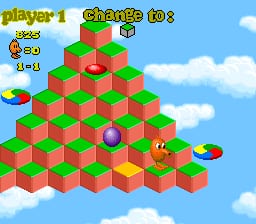 A pyramid of isometric green, red, and orange cubes forms the main game board, with a blue sphere positioned mid-level and an orange character sprite near the lower right. White clouds float across a blue sky background. The top-left UI displays 'PLAYER 1' with score 60, lives indicator showing 3, and 'CHANGE 10X' text with a cube icon in the upper center. The graphics use a 16-bit color palette with smooth sprite rendering typical of early 1990s console hardware.