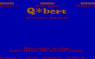 The title screen displays 'Q*bert' in large orange pixelated letters centered on a solid blue background. Below the title appears 'by Parker Brothers' in smaller red text. Further down, red text reads 'Press space to play' and 'Press return for options screen'. At the bottom, additional red text provides copyright and developer information. The overall composition uses a simple two-color scheme of blue and red/orange against the dark background.