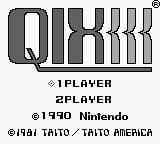 The title screen displays the Qix logo in large gray pixelated letters at the top center. Below the logo appear four lines of text: one player and two player mode options, a 1990 copyright notice, and Nintendo/Taito/Asmik America attribution. The screen uses a dark background with white text and simple geometric design typical of Game Boy's monochrome palette and low-resolution sprites.