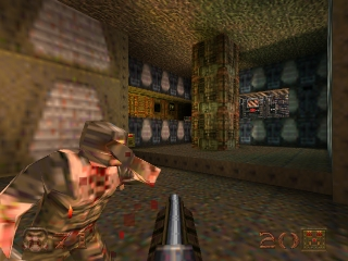 A first-person shooter view shows an armed player character in the center of a brown brick dungeon interior. Shelves line the back wall displaying blue glowing items and vases in two rows. To the left, brick walls with window openings allow light to stream through. A rifle with reddish-brown coloring is visible in the lower right corner of the screen. The UI displays yellow text reading "201" in the bottom right corner. The geometry and flat-shaded polygonal style reflects early 3D game graphics, with limited draw distance creating a foggy atmosphere.