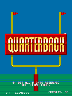 The title screen displays "QUARTERBACK" in large yellow text with a red banner background, centered on a blue field. Two yellow goalposts with red flags flank the title horizontally. A yellow goal line frame sits below the text. At the bottom, copyright text reads "© 1987 ALL RIGHTS RESERVED THE LELAND CORP." in white, with a score counter showing "00" on the right and a sun display reading "SUN: 12:34:56:78" on the left. The overall composition uses flat colors typical of 1987 arcade graphics.