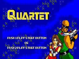 The title screen displays "QUARTET" in large yellow text at the top center against a deep blue starfield background. Below are two instruction lines in white text reading "PUSH 1 PLAY START BUTTON" and "PUSH 2 PLAY START BUTTON." To the right of the text, three pixel-art characters in bright colors—yellow, red, and green—are positioned in a dynamic action pose. The sprites use the characteristic low resolution and limited palette typical of early SMS graphics.