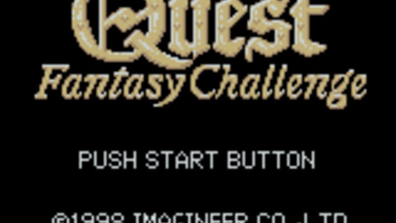 The title screen displays 'Quest Fantasy Challenge' in large ornate gold lettering at the top against a black background. Below the title, centered text reads 'PUSH START BUTTON' in white pixelated font. At the bottom, a copyright notice shows '©1998 TMOCTNEER CO., LTD.' The screen uses a minimal layout with the dark background emphasizing the title and instruction text.
