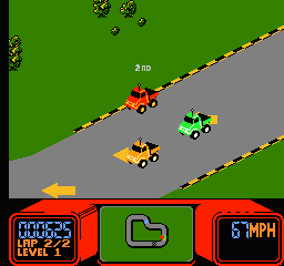 A top-down view of a race track with four radio-controlled cars driving on a gray asphalt road bordered by green grass. A red car leads in the upper center, followed by a green car and a yellow car on the road below. A small orange vehicle appears on the grass to the left. The HUD at the bottom displays a red panel on the left showing score and level information, a green map panel in the center, and a red speedometer reading 57 MPH on the right. Dashed yellow lines mark the road edges.