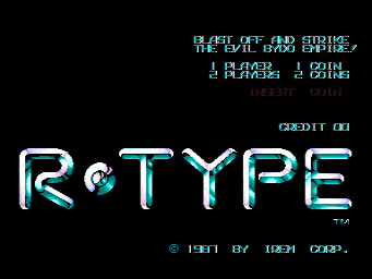 The R-Type arcade title screen displays the game's logo in large cyan pixelated letters with a glowing outline effect against a black background. Text at the top shows "DEFEAT ALL ENEMY" and "THE EVIL BYDO EMPIRE" in cyan, with player and coin indicators below. Copyright information appears at the bottom crediting Irem Corp, dated 1987. The overall design uses a limited cyan and white color palette typical of early 1980s arcade aesthetics.