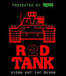 The title screen displays a red tank viewed from above in the center, rendered in bright red vector-style graphics against a black background. Below the tank, large red block letters spell out 'R2D TANK' in all caps. At the very top, green text reads 'PRESENTED BY sigma' with the developer's logo. At the bottom, white text credits 'SIGMA ENT. INC. ©1980'. The overall design uses a minimal two-color palette of red and black with green accents.