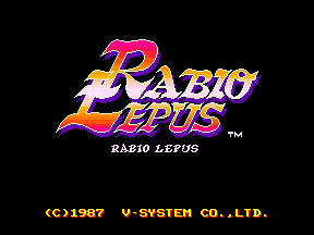 The title screen displays 'RABIO LEPUS' in large pink and yellow gradient lettering with purple outlines against a black background. Below the main title sits smaller text reading 'RABIO LEPUS' in yellow. At the bottom, copyright text reads '(C)1987 V-SYSTEM CO.,LTD.' in yellow on black. The logo uses a pixel art style typical of 1987 arcade games, with thick outlined letters and bright contrasting colors.