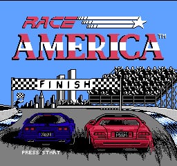 The title screen displays "RACE AMERICA" in large red and blue pixelated letters at the top, with a white race car graphic integrated into the logo. Below is a checkered finish line banner, a city skyline in the background, and two racing cars in the foreground—one purple on the left and one red on the right—positioned on a gray asphalt surface. A "PRESS START" prompt appears at the bottom of the screen against the blue sky background.