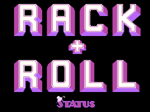 The title screen displays "RACK + ROLL" in large purple and white pixelated letters centered on a black background, with a small plus sign separating the two words. Below the main title, "STATUS" appears in smaller purple text. The lettering uses a thick outline style with gradient shading typical of mid-1980s arcade graphics, and all text is rendered in low-resolution pixel art against the plain dark backdrop.