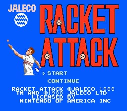 The Racket Attack title screen displays the game logo in large red text against a blue background. A pixelated tennis player figure in white clothing is positioned on the left side, mid-swing with a raised racket. Below the logo are menu options reading "START" and "CONTINUE" in white text. Copyright information for Jaleco and Nintendo of America Inc., along with a 1988 date and "FOR NES" designation, appears at the bottom of the screen in smaller white text.