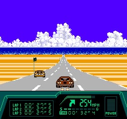 A first-person racing view shows two cars on a straight road with yellow and orange horizontal stripes forming the landscape. White cloud formations line the bright blue sky. A digital dashboard spans the bottom of the screen, displaying speed, lap time, and other telemetry in green monochrome text against a black background. The road stretches toward the horizon with the cars maintaining position ahead and below the player's viewpoint.