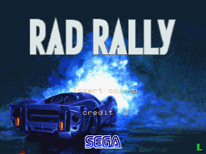 The title screen displays "RAD RALLY" in large white capital letters at the top. Below, a blue rally car is shown from a three-quarter view against a dramatic background of bright blue explosion or energy effects. The SEGA logo appears in white text in the lower right corner. The overall color palette is dominated by dark blues and blacks with bright blue highlights, using a 16-bit sprite-based visual style typical of early 1990s arcade games.