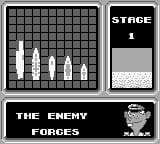 A Game Boy gameplay screen displays a grid-based radar interface in the upper half with white vertical bars of varying heights representing enemy positions. The right side shows "STAGE 1" text in a black panel. Below the grid, a black banner labeled "THE ENEMY FORCES" appears with a small pixelated enemy sprite illustration on the right side. The overall aesthetic features monochrome green and black graphics typical of early Game Boy titles.