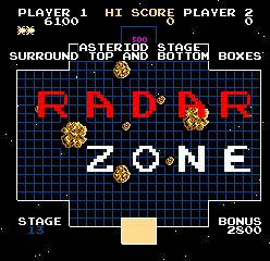 The title screen displays 'RADAR ZONE' in large white letters across the center of a dark blue grid background. Above the title, red text reads 'RADAR' with yellow and orange circular radar blip graphics positioned around the playfield. The top of the screen shows 'PLAYER 1' on the left with 'HI SCORE' in the center and 'PLAYER 2' on the right, all in white text. Below the title, small text indicates 'SURROUND', 'ASTEROID', 'STOCK', and 'DOT BOXES'. At the bottom left corner, 'STAGE' appears, and 'BONUS' with '2500' points displays on the bottom right. A tan-colored rectangular shape representing a radar target sits centered at the bottom of the screen.