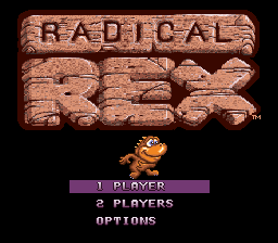 The title screen displays "RADICAL REX" in large tan/brown textured letters at the top. Below the title sits a small yellow dinosaur sprite with an orange/red coloring, positioned center-low on the screen. A purple menu bar spans the width below the character, listing three options in white text: "1 PLAYER", "2 PLAYERS", and "OPTIONS". The background is solid black, emphasizing the 16-bit pixel art style of the UI elements and sprite.