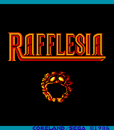 The title screen displays "RAFFLESIA" in large orange capital letters with a red outline centered near the top. Below the title sits a circular orange and yellow sprite resembling a spiky flower or plant creature against a black background. The bottom of the screen shows cyan horizontal bars with white text reading "CORELAND/SEGA 1986" in a standard arcade font. The overall color scheme uses bright oranges, yellows, and reds against black, typical of mid-1980s arcade aesthetics.